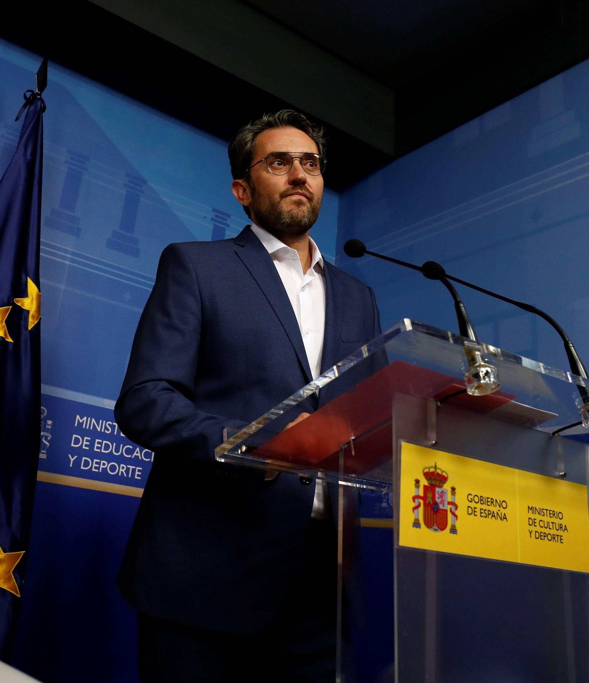 Spain's Culture Minister Maxim Huerta attends a news conference to announce his resignation in Madrid