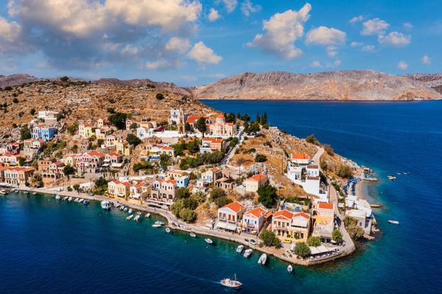 Aerial view of the beautiful greek island of Symi (Simi) with co