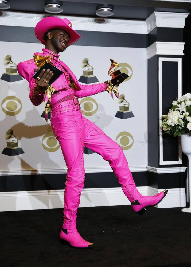 62nd Grammy Awards – Photo Room – Los Angeles, California, U.S., January 26, 2020 - Lil Nas X poses backstage with his Best Music Video and Best Pop Duo/Group Performance awards for "Old Town Road\