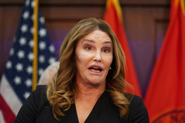 Caitlyn Jenner appears at a press conference with Nassau County Executive Blakeman on the ban of transgender girls and women in sports, in New York