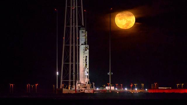 The Orbital ATK Antares rocket, with the Cygnus spacecraft onboard, is seen on launch Pad-0A,  at NASA's Wallops Flight Facility in Virginia