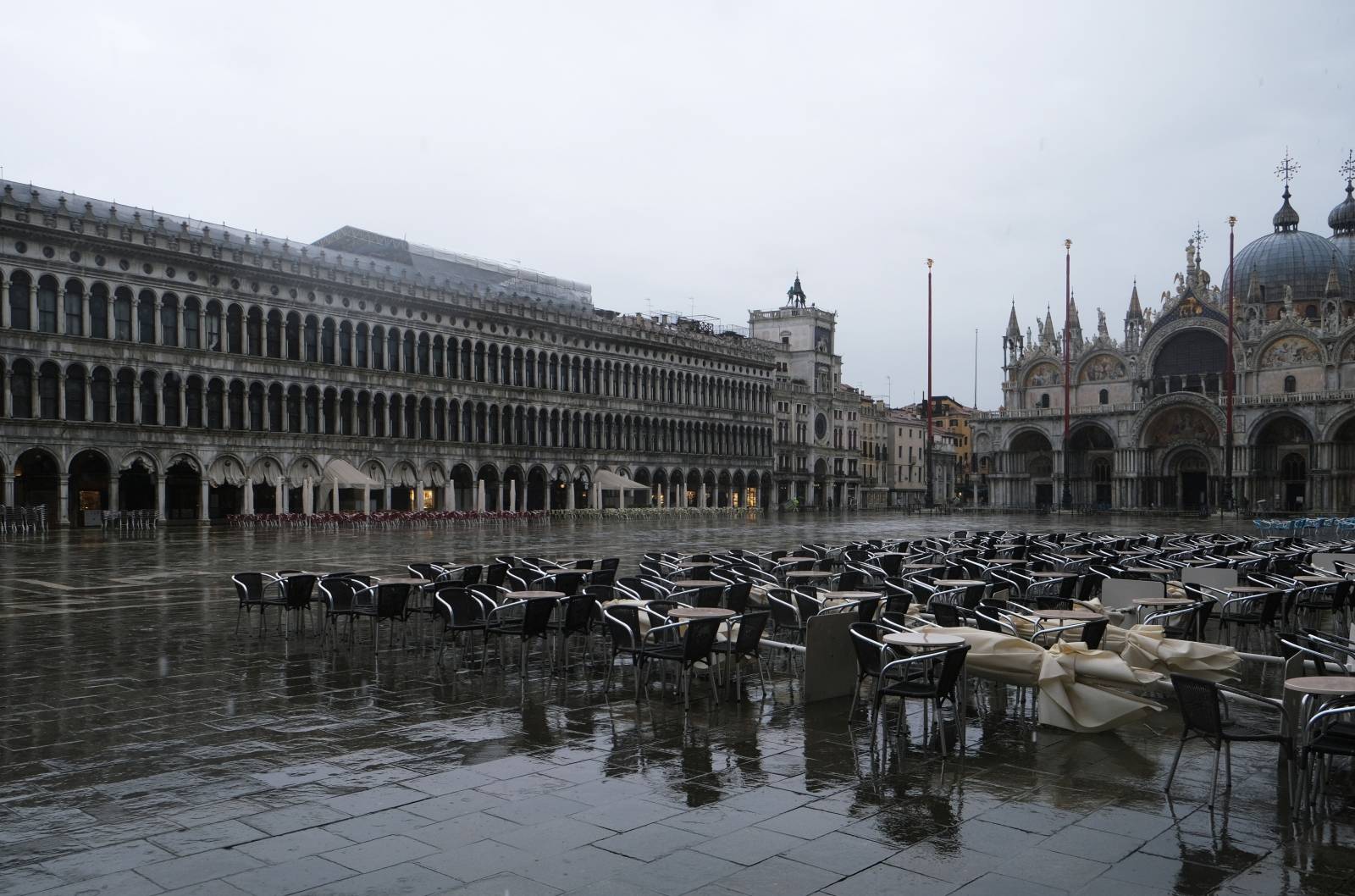 A view of St. Mark's Square during high tide as the flood barriers known as Mose are raised for the second time, successfully protecting the lagoon city from flooding, in Venice