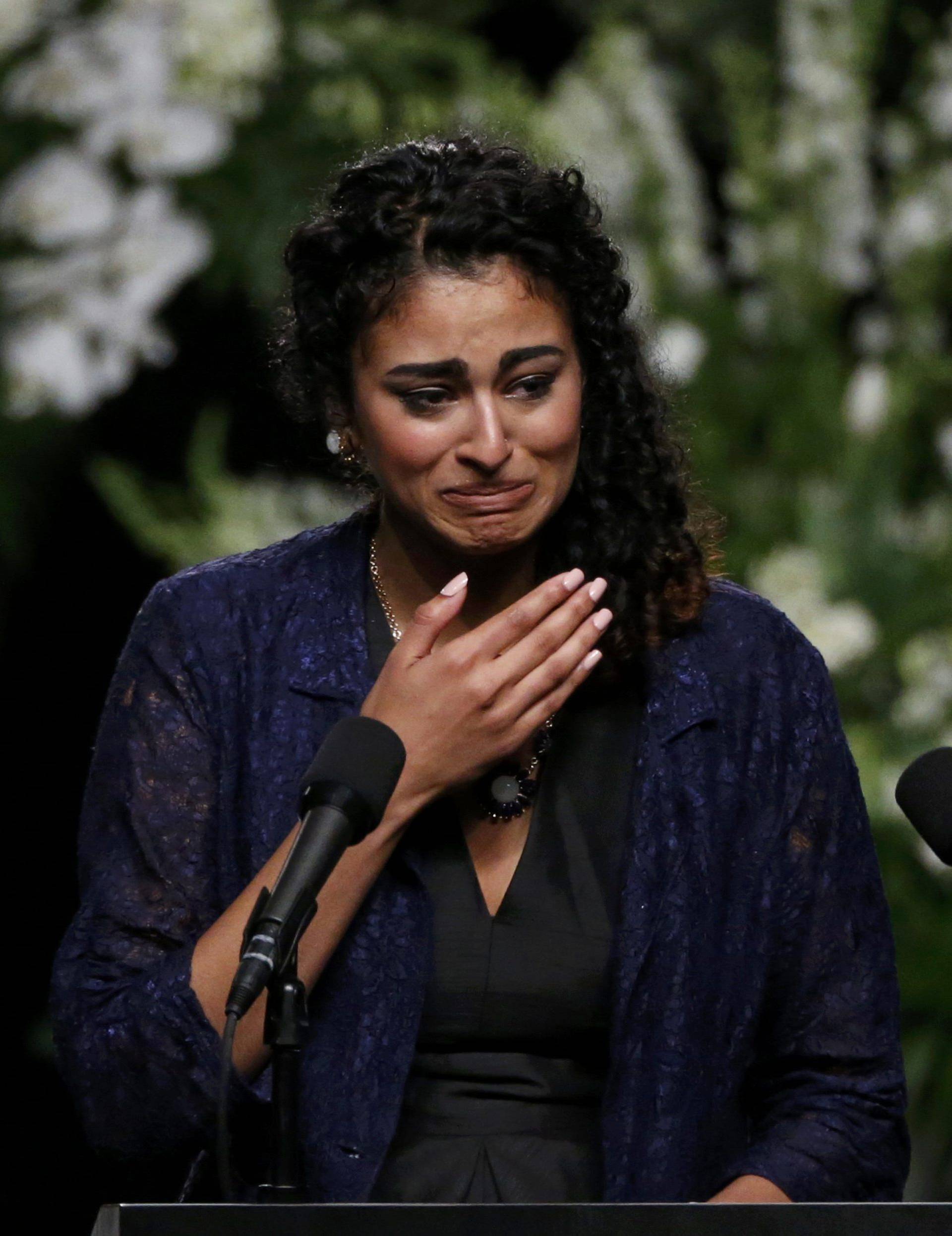 Natasha Mundkur, a student at the University of Louisville, speaks at a memorial service for the late boxer Muhammad Ali in Louisville, Kentucky