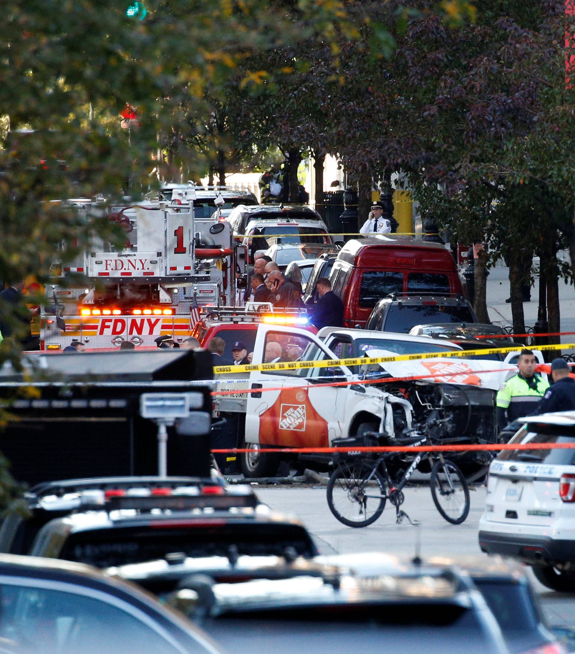 A Home Depot truck which struck down multiple people on a bike path killing several and injuring numerous others is seen in lower Manhattan in New York