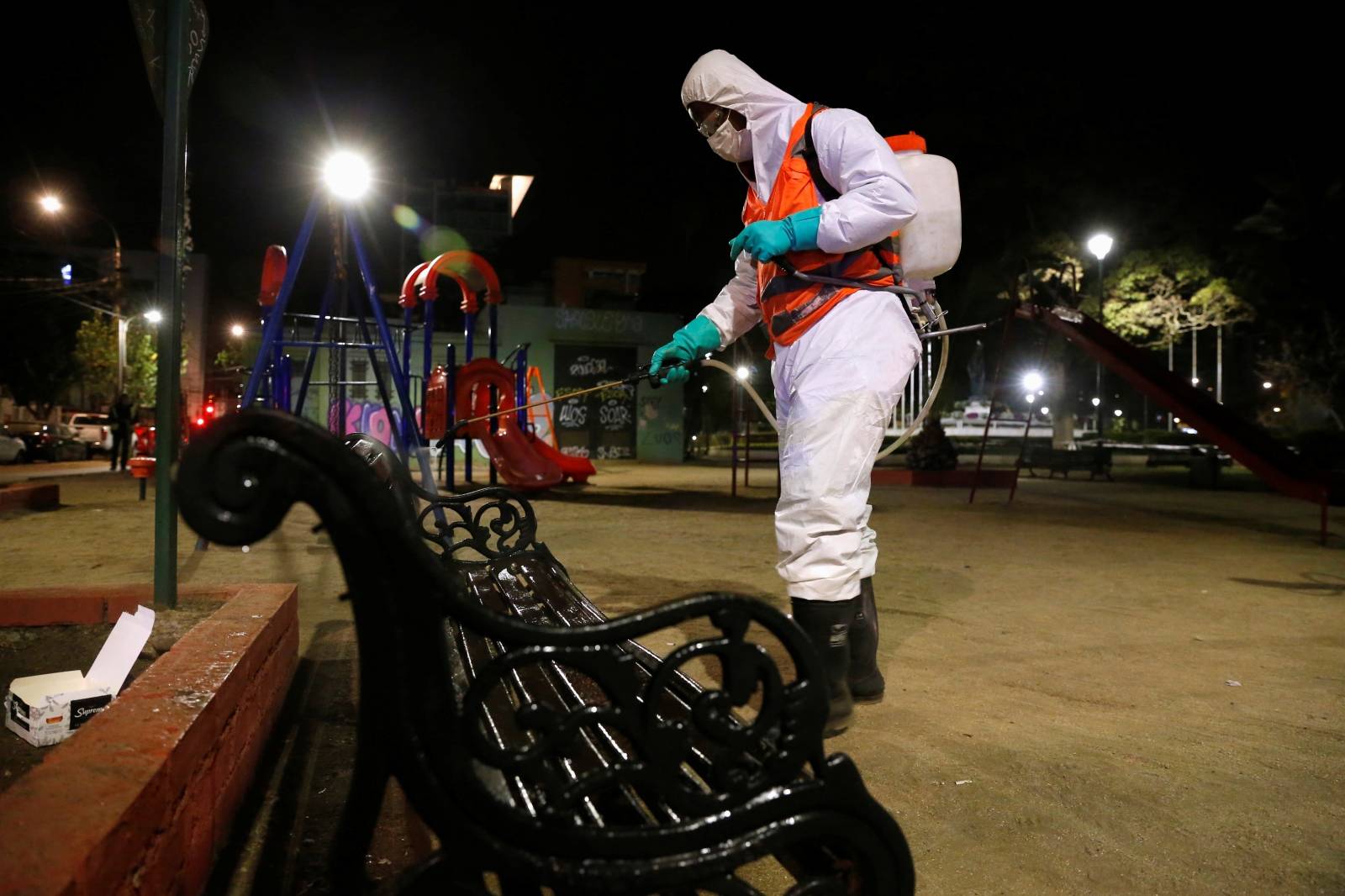 Local workers clean the streets as a precautionary measure, amid the coronavirus disease (COVID-19) outbreak, in Vina del Mar