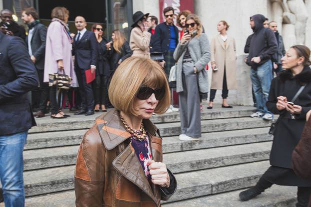 Anna Wintour outside Ferragamo fashion show building for Milan W