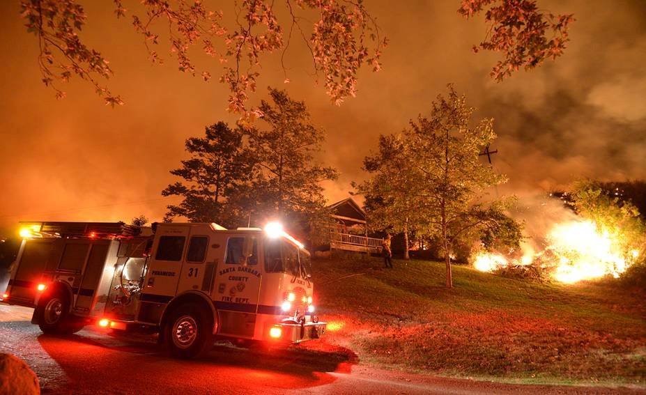 Handout photo of fire crews on scene for structure protection during the Sherpa Fire at El Capitan Ranch Campground in Santa Barbara