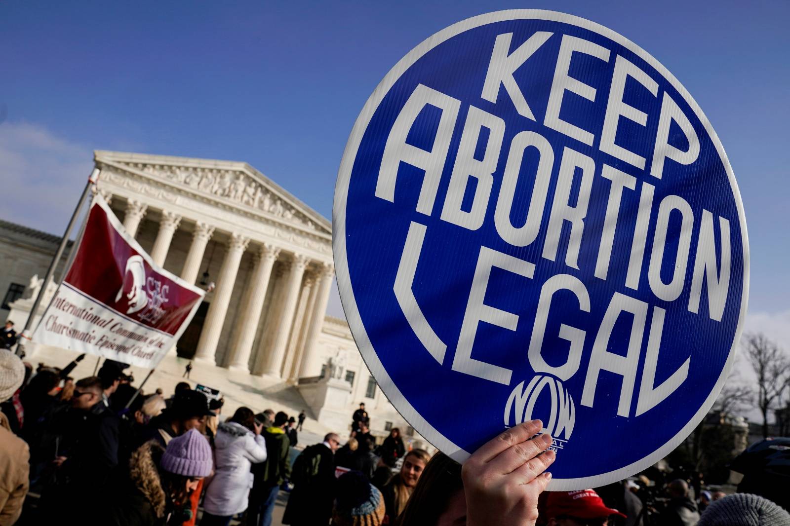 FILE PHOTO: An abortion rights activist holds up a sign as marchers take part in the 46th annual March for Life in Washington