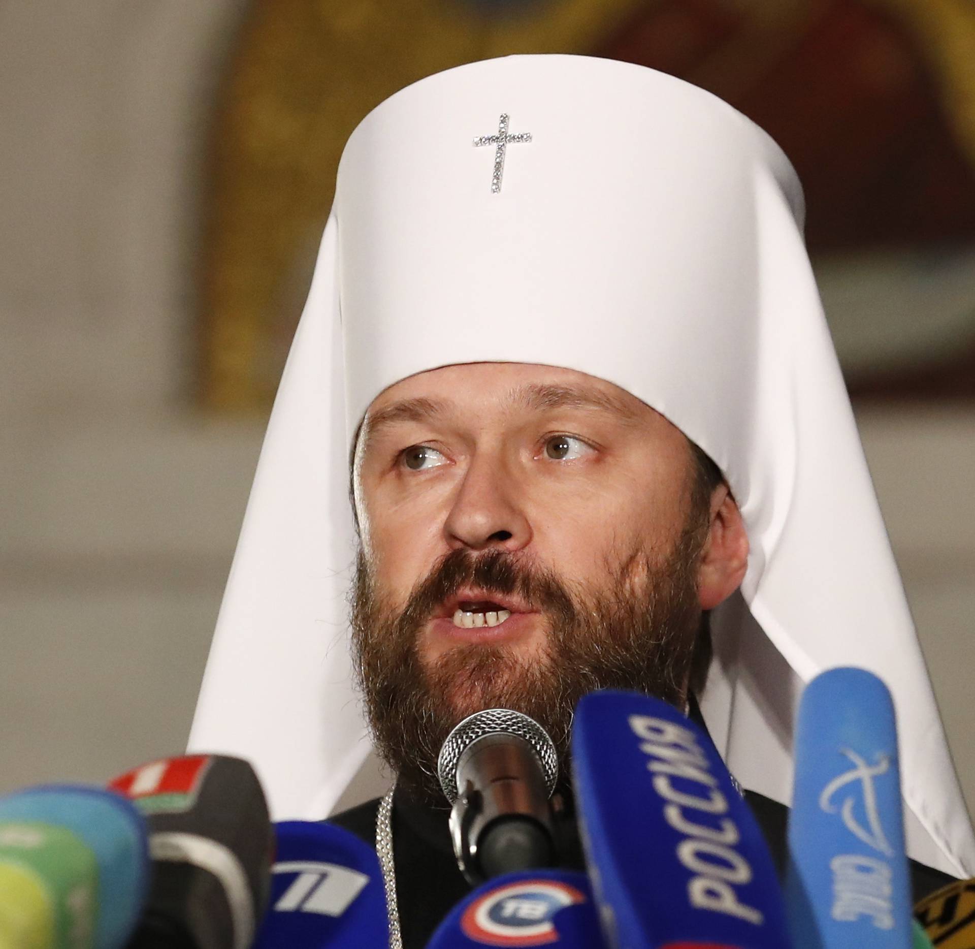 Chairman of external relations department of the Moscow Patriarchate, Metropolitan Hilarion, attends a news conference in Minsk