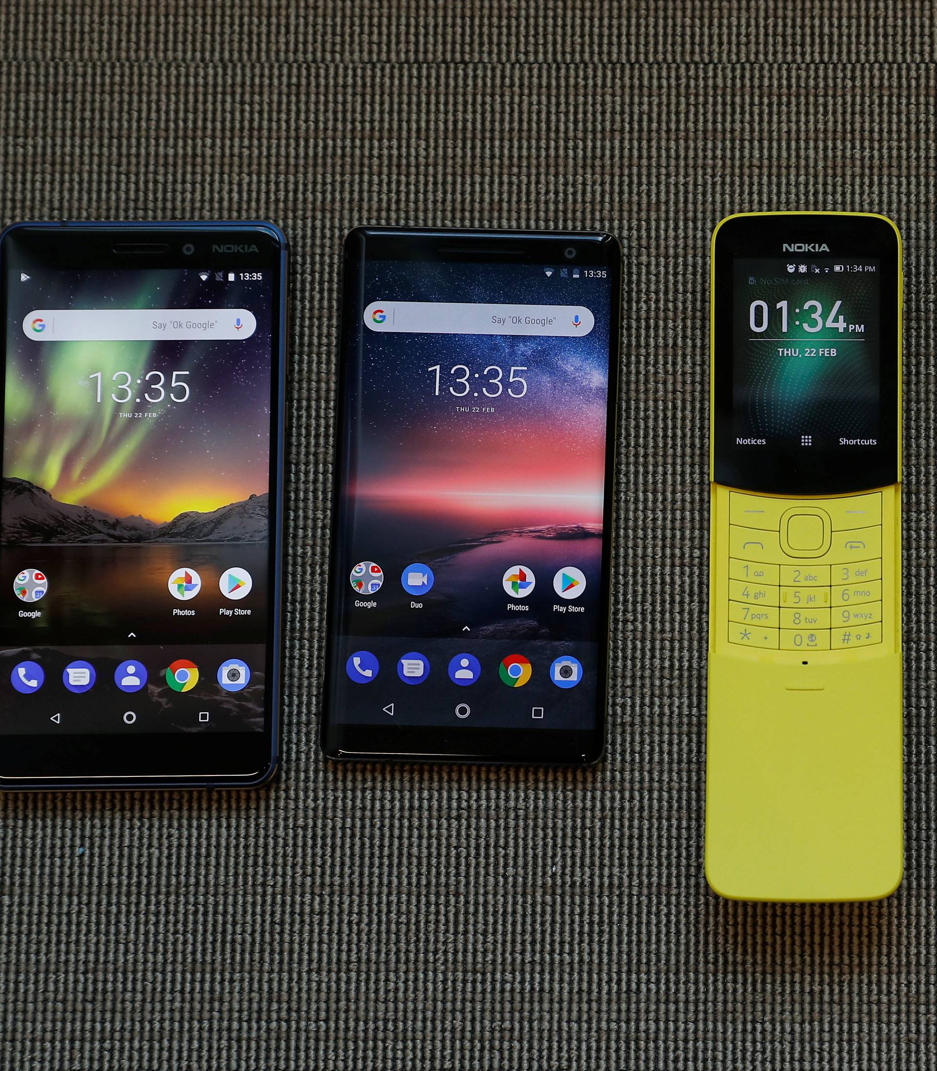 The New Nokia 6, Nokia 8 Sirocco, Nokia 8110, Nokia 1 and the Nokia 7 Plus are seen at a pre-launch event in London