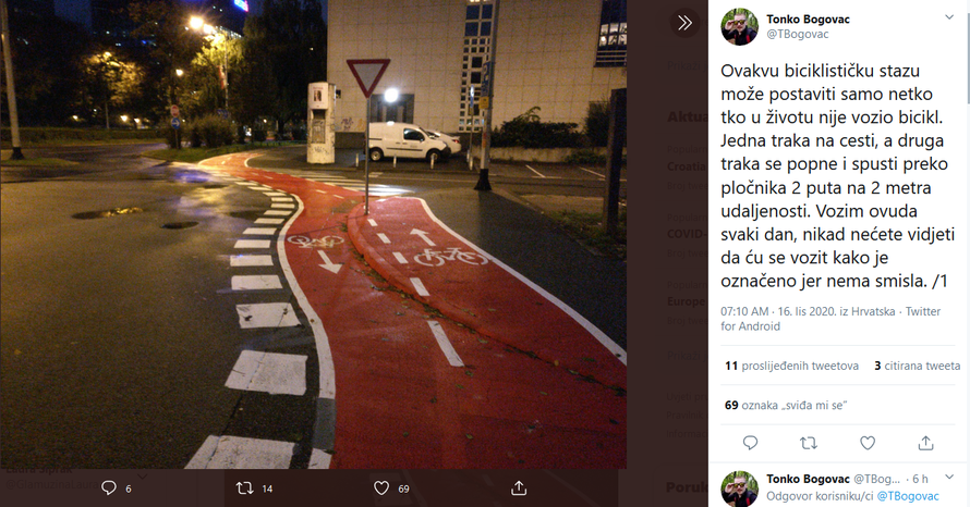 Ovo je nova biciklistička staza u Zagrebu: Malo po cesti pa malo preko rubnika, na sredini - stup