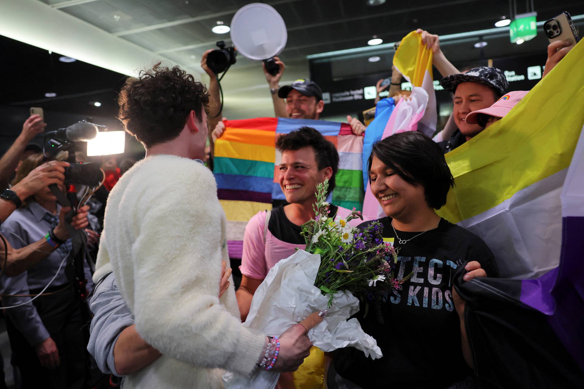 Nemo welcomed by fans at the Zurich Airport, in Kloten