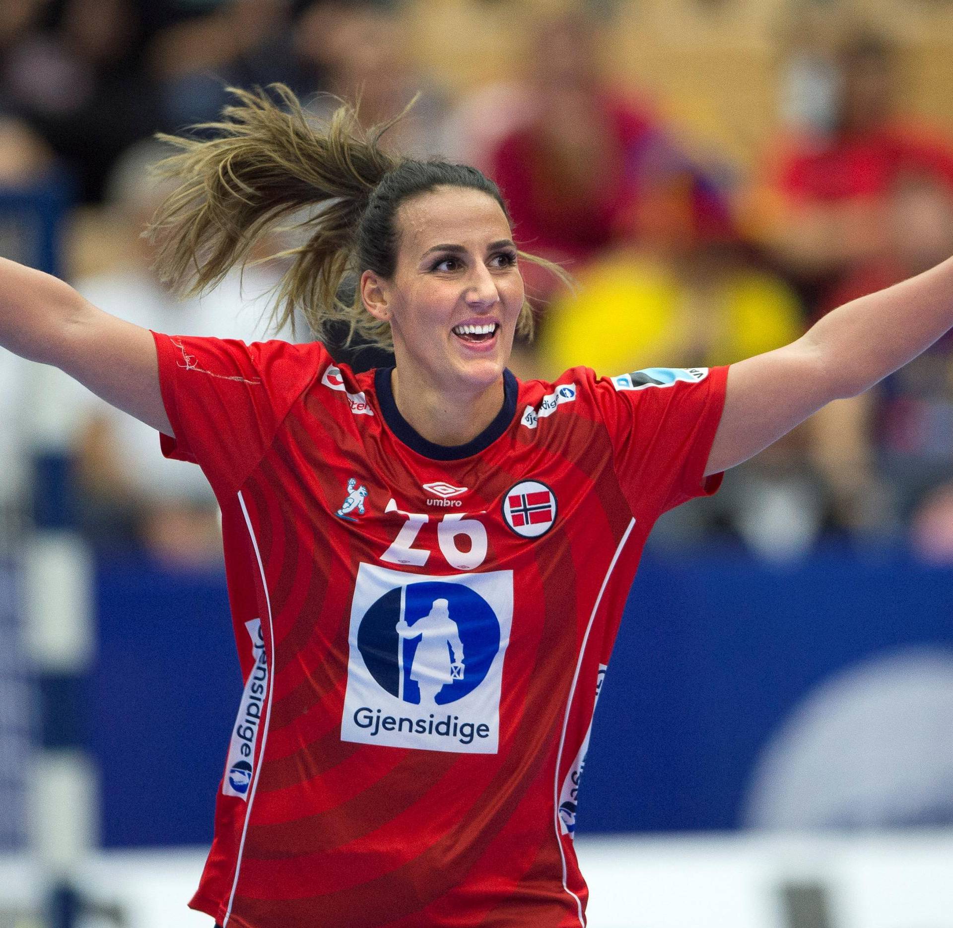 Norway's Marta Tomac cheers after scoring during the Women's European Handball Championship Group 2 match between Denmark and Norway in Helsingborg