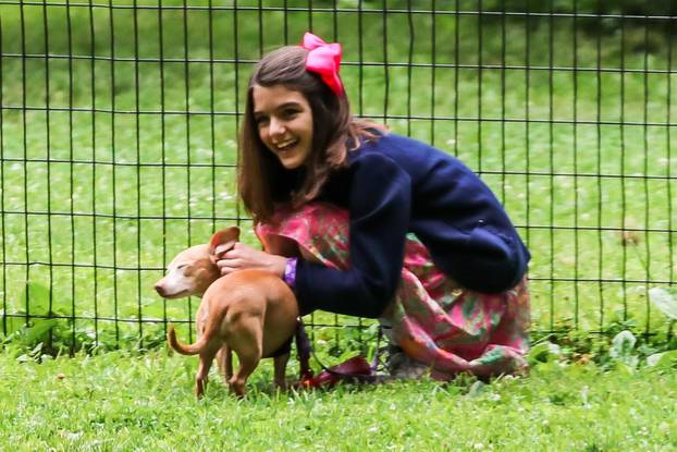 Injured Suri Cruise takes her dogs to the park in NYC