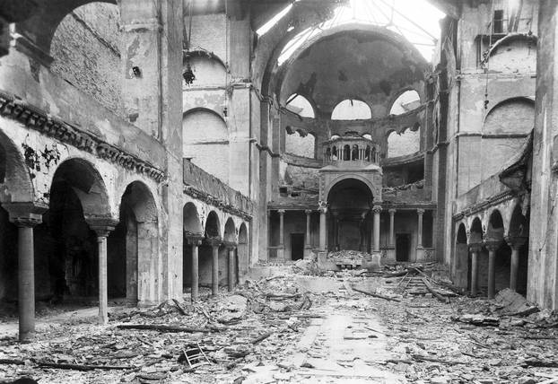 Germany: The interior of Berlin's Fasanenstrasse Synagogue, opened in 1912, after it was set on fire during Kristallnacht on November 9, 1938