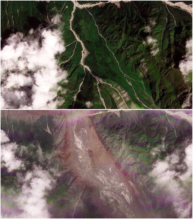 Satellite images show torrent of rock and ice high in Nepalese mountain valley after Nepal-China disaster
