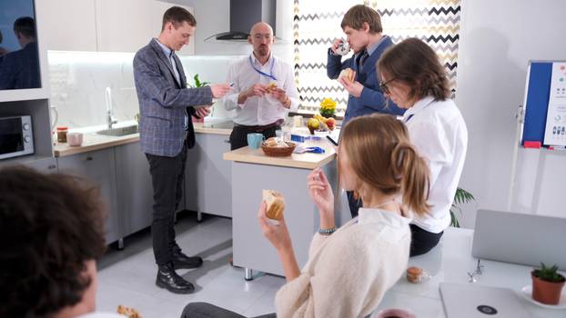 Lunch in the cozy office kitchen. Business lunch at the family o