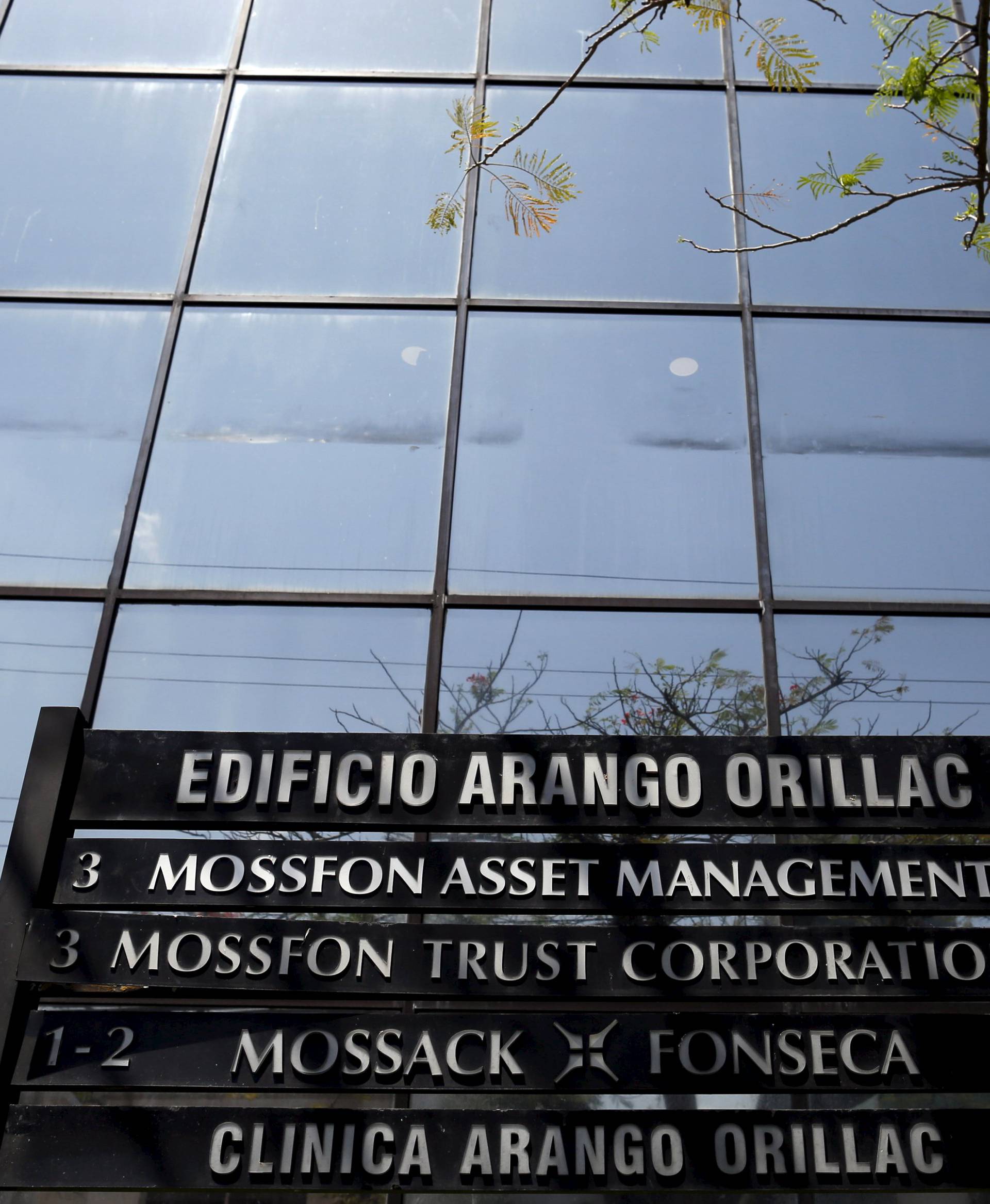 A company list showing the Mossack Fonseca law firm is pictured on a sign at the Arango Orillac Building in Panama City
