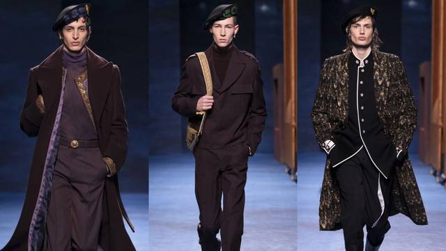 Muška Dior kolekcija: Dečki u vojničkim kaputima i beretama