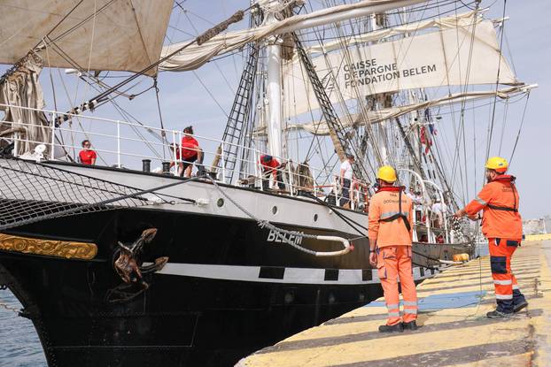 The "Belem", a three masted sailing ship that will transport the Olympic Flame from Greece to France, arrives in Piraeus