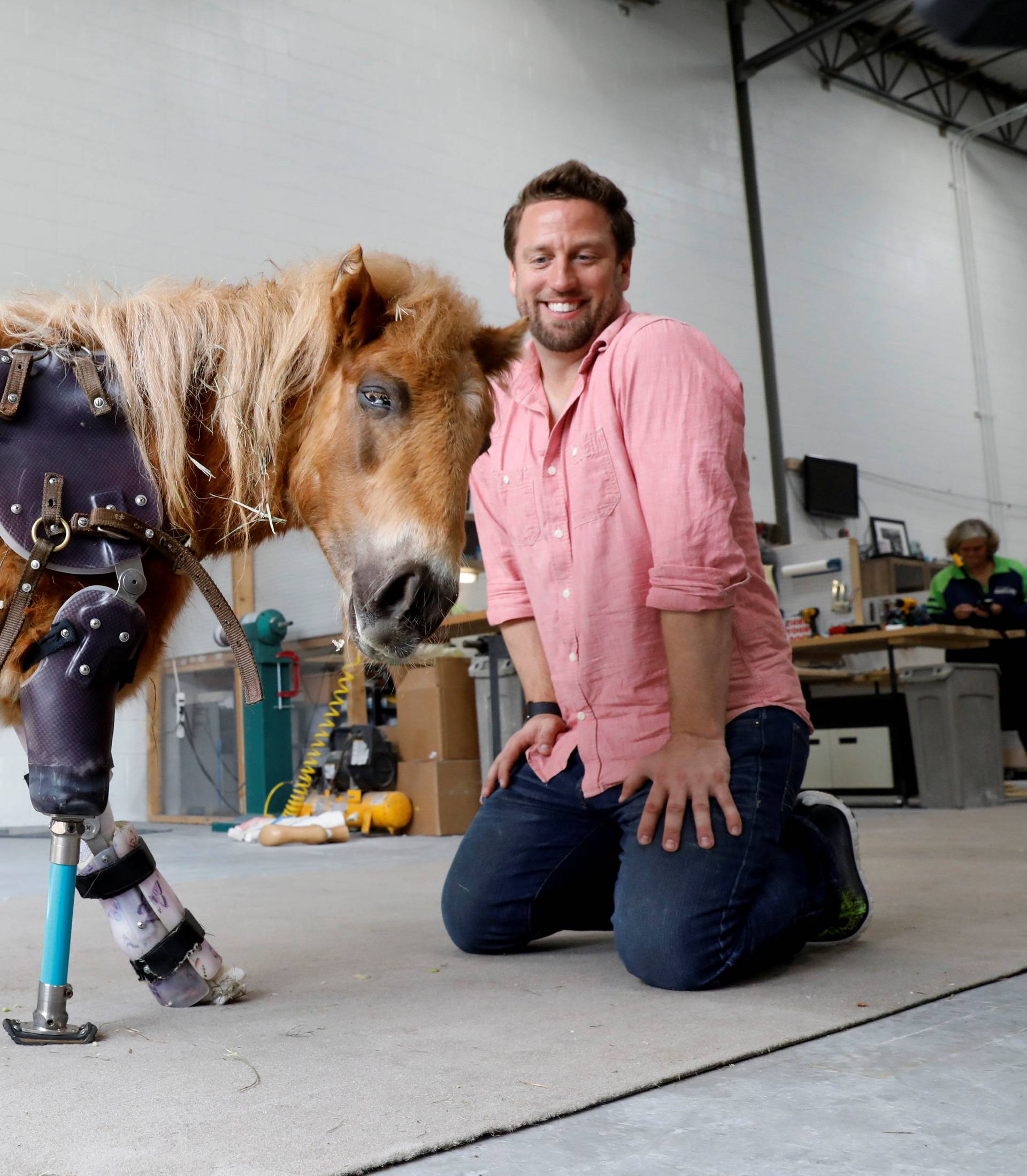 Derrick Campana kneels beside a mini horse wearing a prosthetic leg in Sterling, Virginia