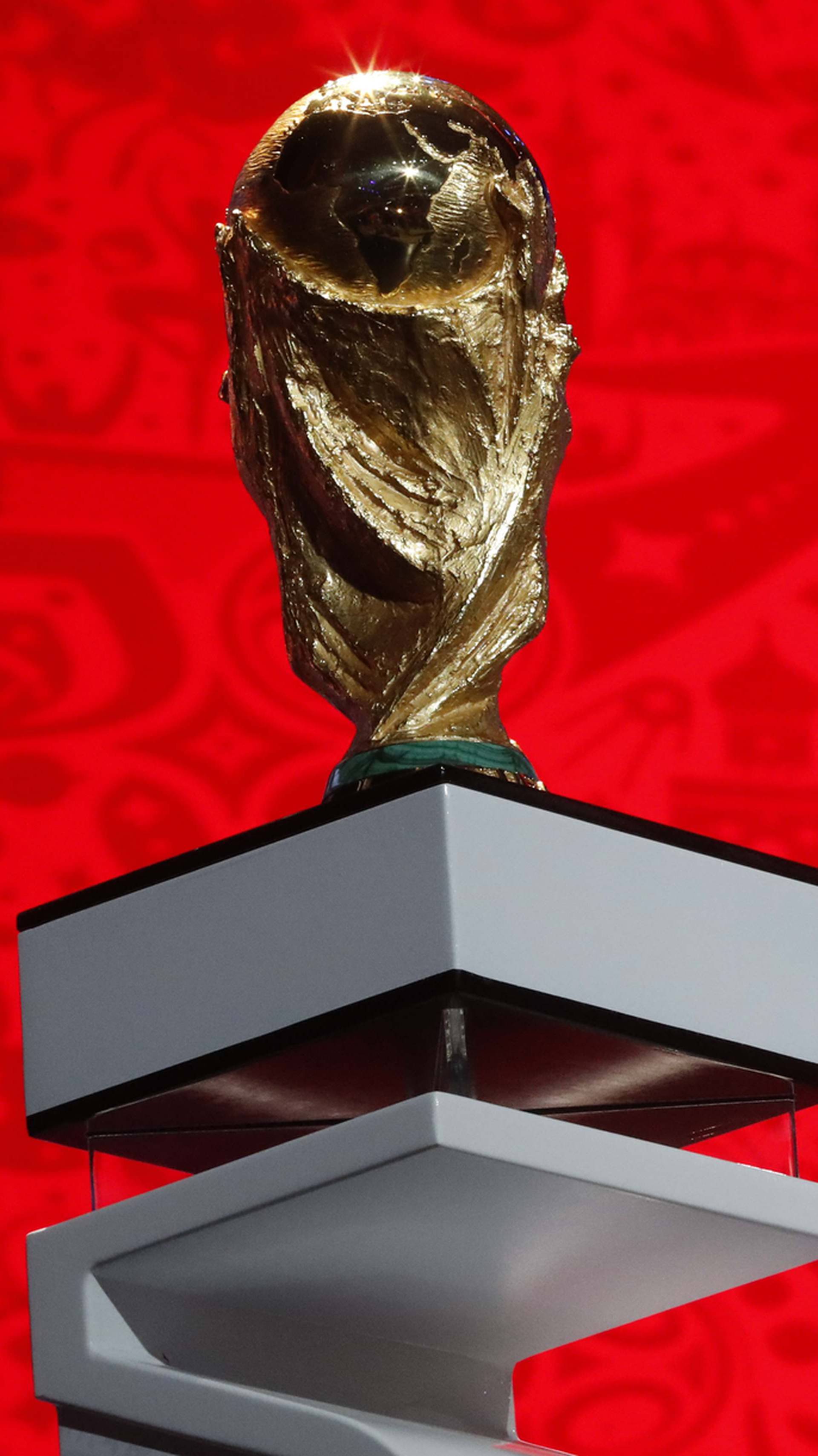 The World Cup trophy is on display during preparations for the upcoming Final Draw of the 2018 FIFA World Cup Russia in Moscow