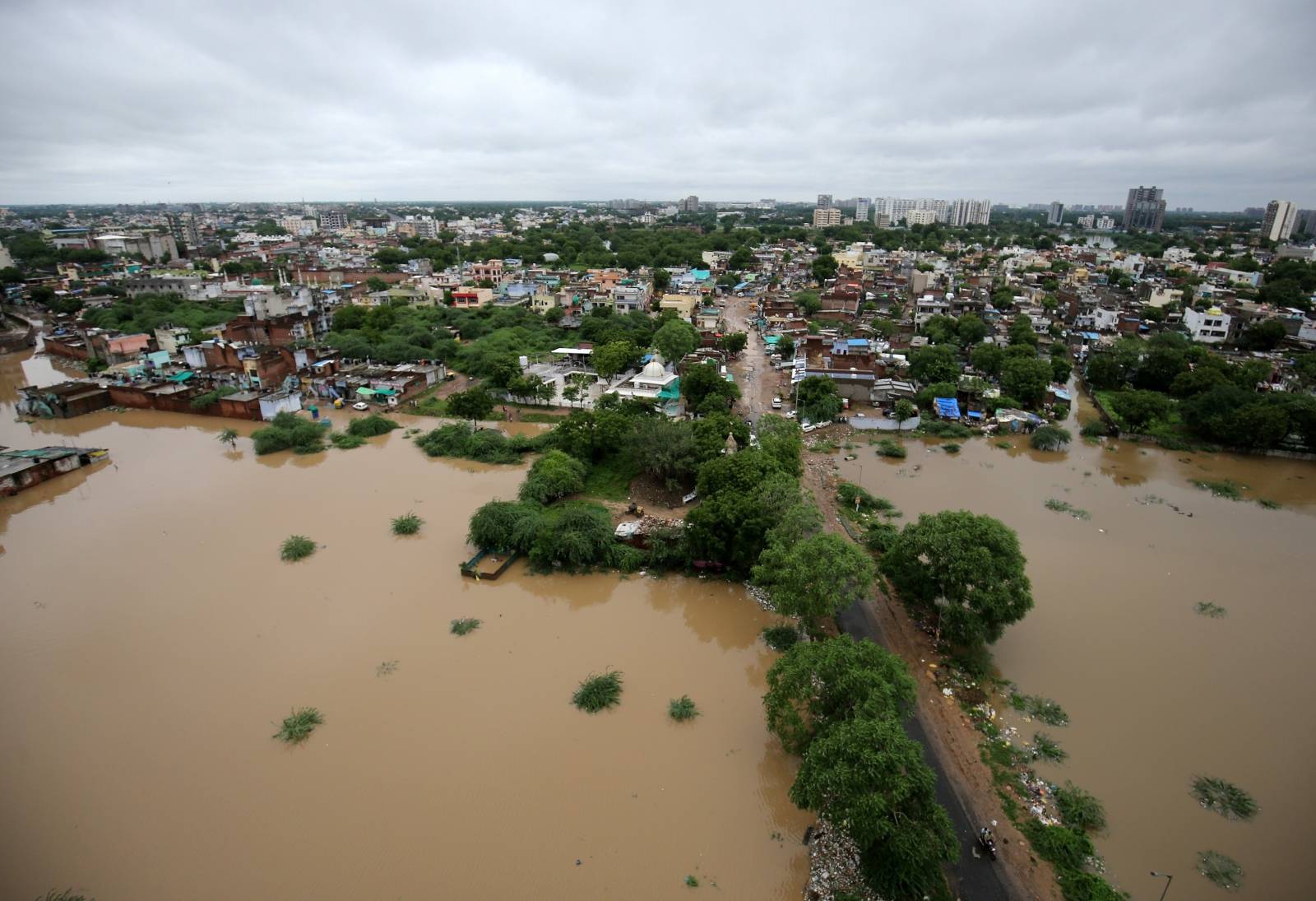 An aerial view shows a flooded residential area after heavy rains in Ahmedabad