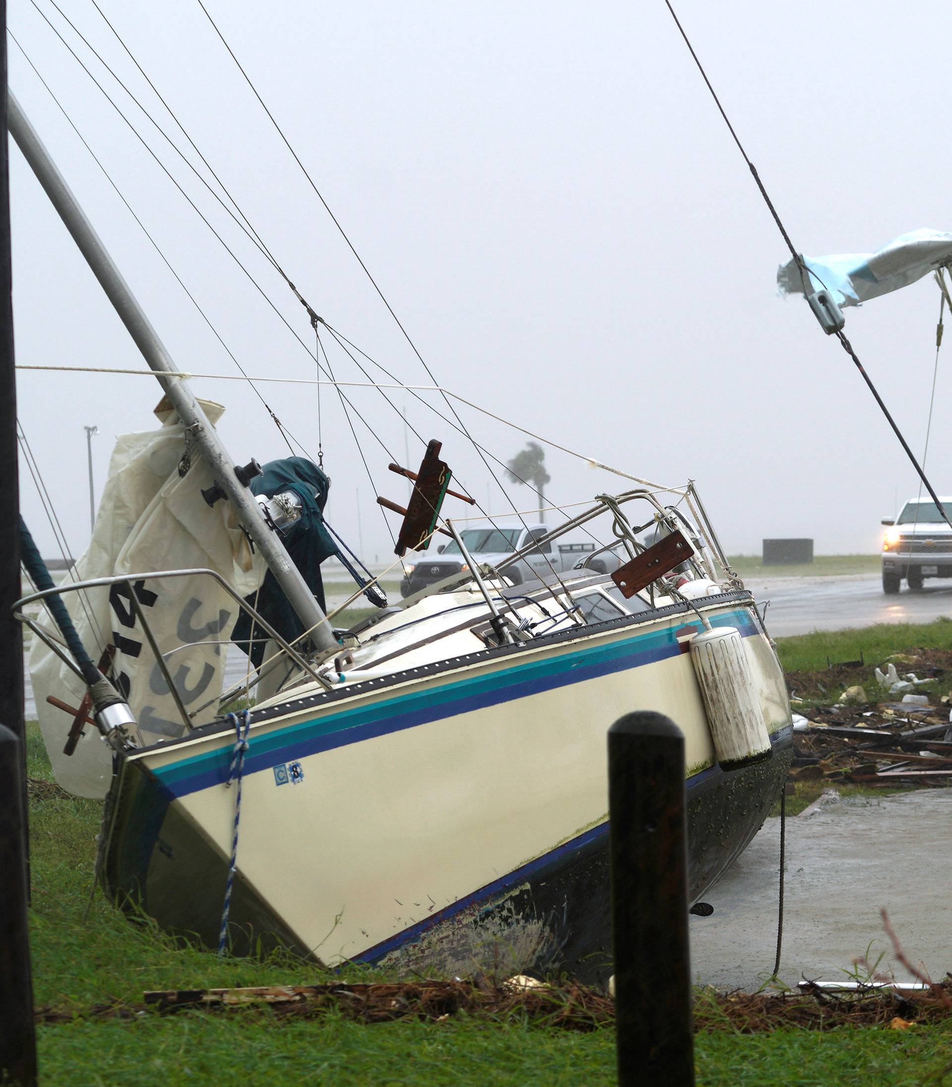 Boats are pushed ashore by Hurricane Harvey in Port Lavaca