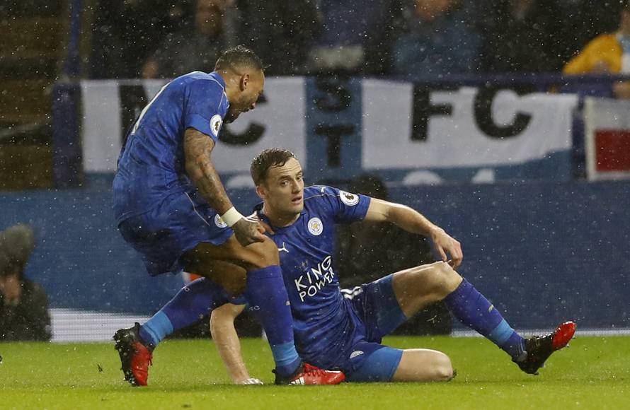 Leicester City's Andy King celebrates scoring their second goal with Danny Simpson