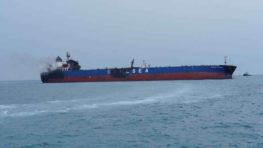 FILE PHOTO: A foreign tanker carrying Iraqi fuel oil damaged after catching fire in Iraq's territorial waters, near Basra