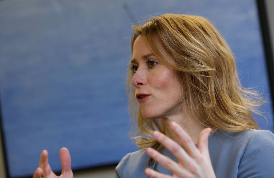 Estonian Prime Minister Kaja Kallas speaks during an interview with Reuters in Brussels
