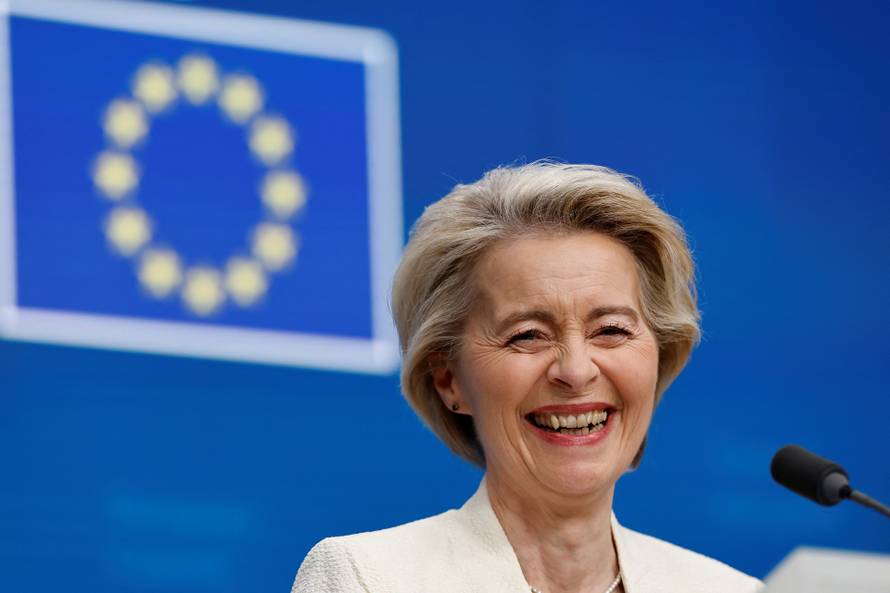 European Commission President Ursula von der Leyen attends a press conference, in Brussels