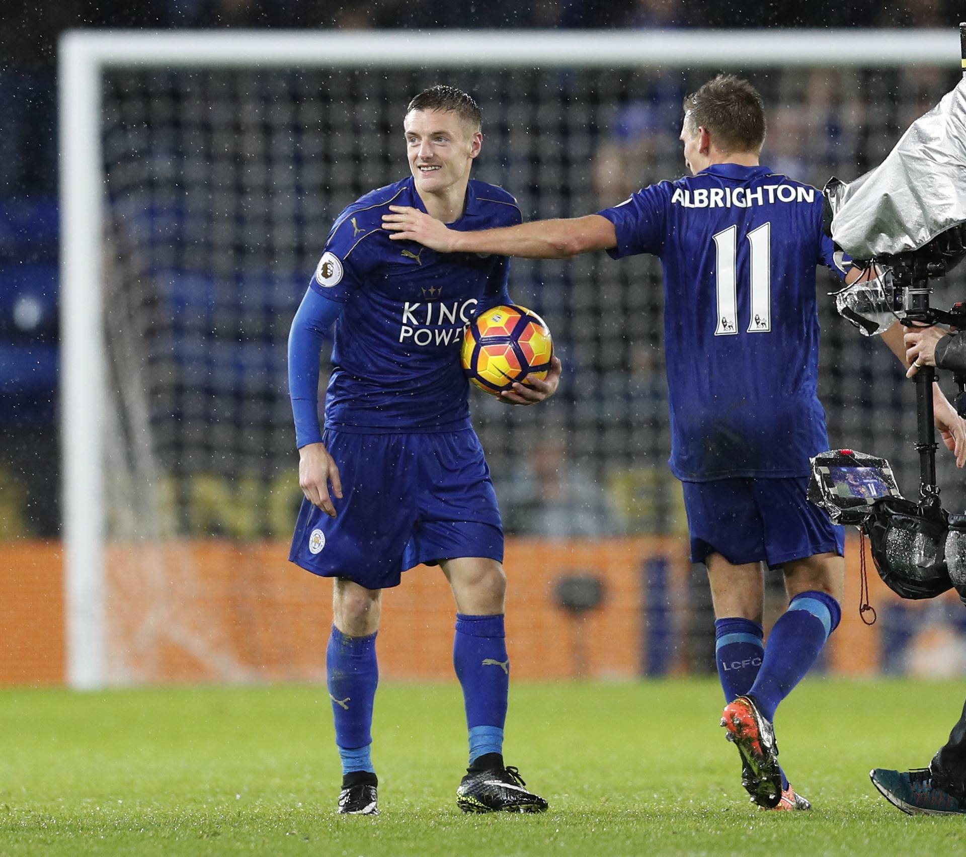 Leicester City's Jamie Vardy with the match ball at the end of the match after scoring a hat-trick