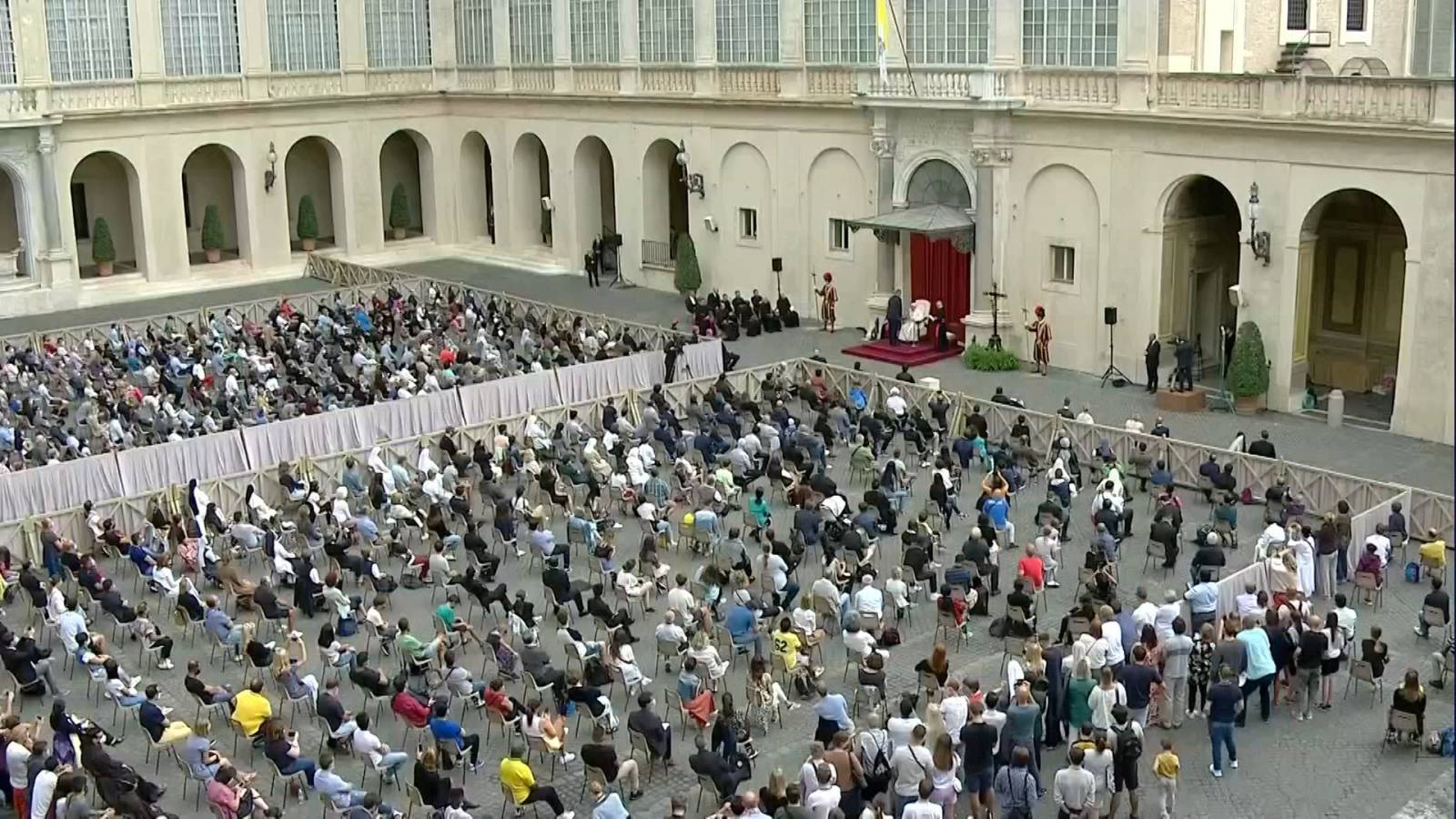Pope Francis speaks during the first weekly general audience to readmit the public since the coronavirus (COVID-19) outbreak in the San Damaso courtyard