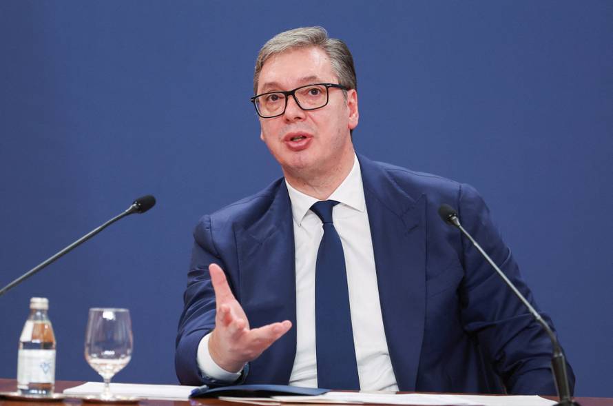 Serbia's President Vucic holds a press conference in Belgrade