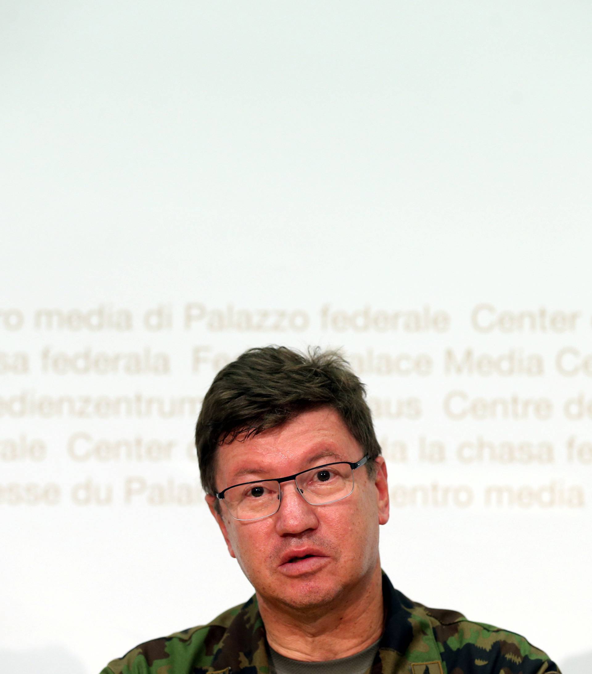 Commander of the Swiss Air Force Lieutenant General Aldo Schellenberg talks to the media during a news conference in Bern