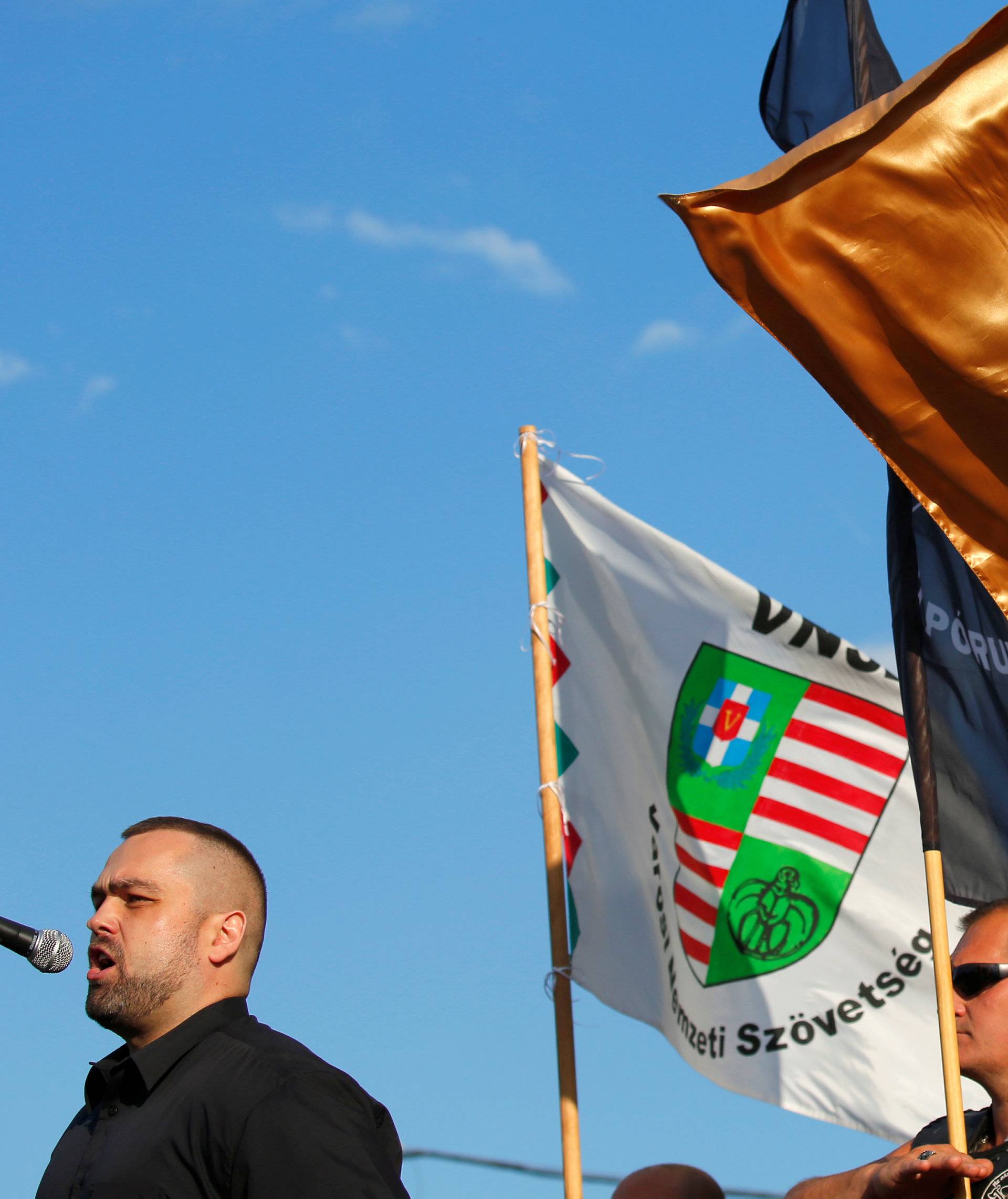 yirityan, a leader of a new Hungarian extreme right group speaks during the launch of their new movement, to be called Force and Determination, at a rally in Vecses