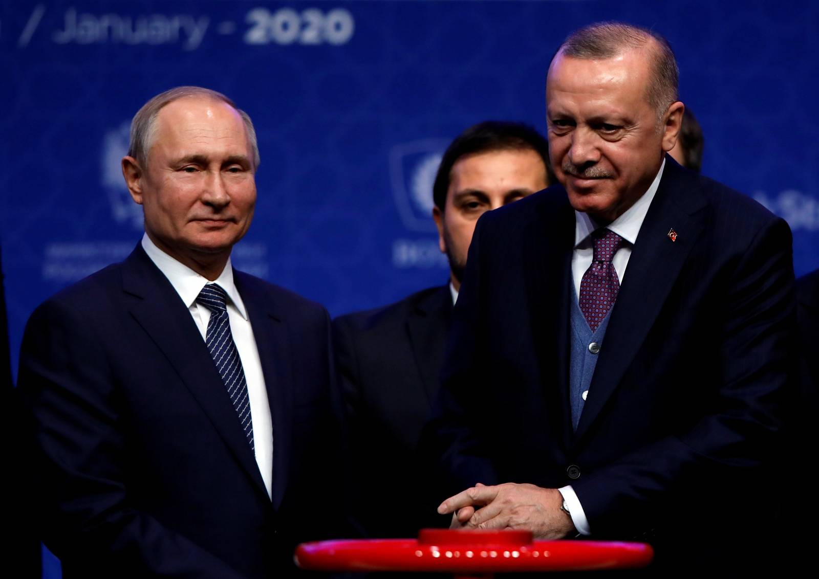 Turkish President Tayyip Erdogan and Russian President Vladimir Putin attend a ceremony marking the formal launch of the TurkStream pipeline which will carry Russian natural gas to southern Europe through Turkey