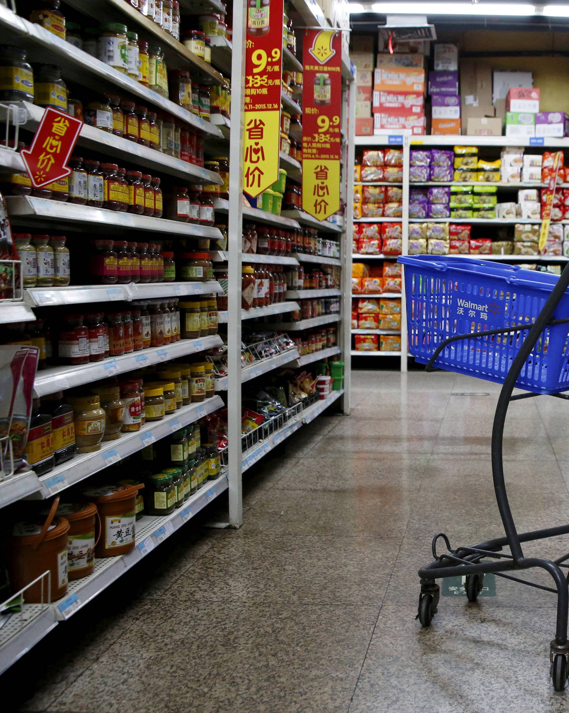 FILE PHOTO: Empty shopping cart is seen at a branch store of Wal-Mart in Beijing, China