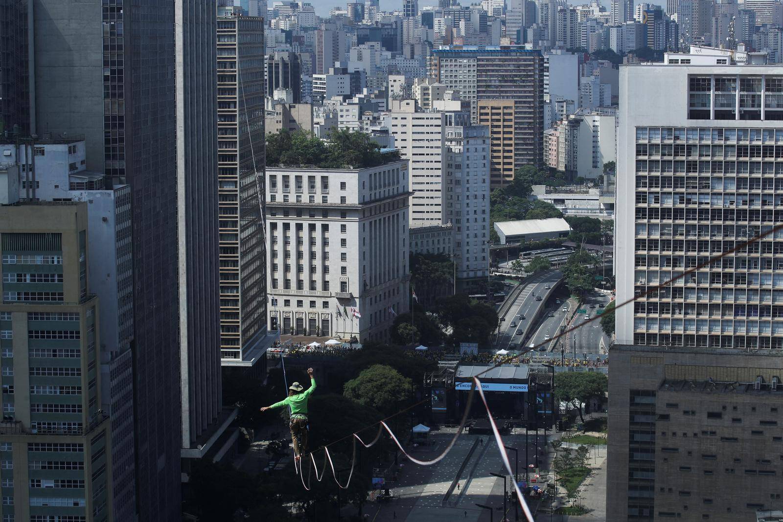 Highliners walk on the longest line of the Americas in Sao Paulo