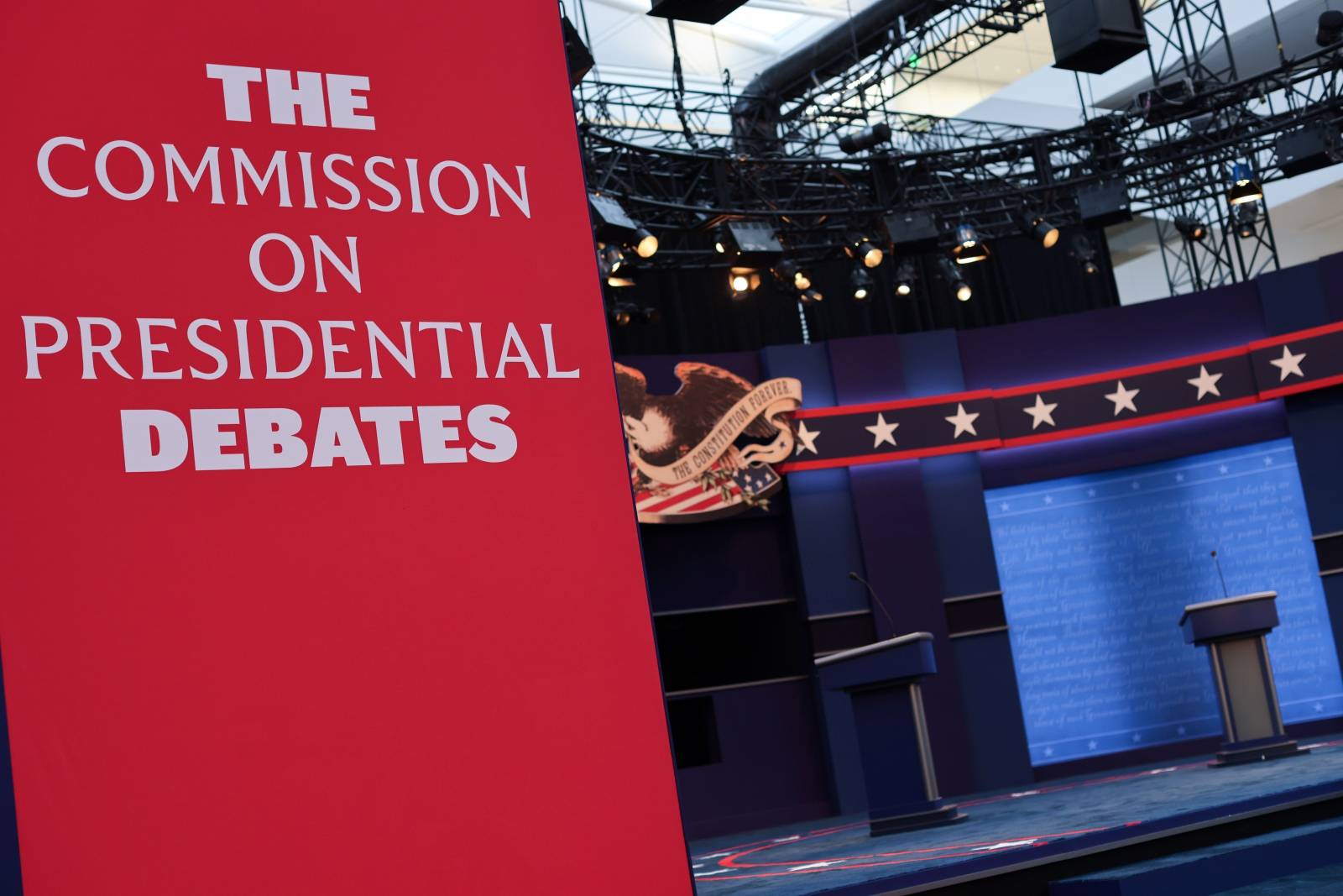 Workers prepare for the first presidential debate between U.S. President Trump and Democratic nominee Biden in Cleveland, Ohio