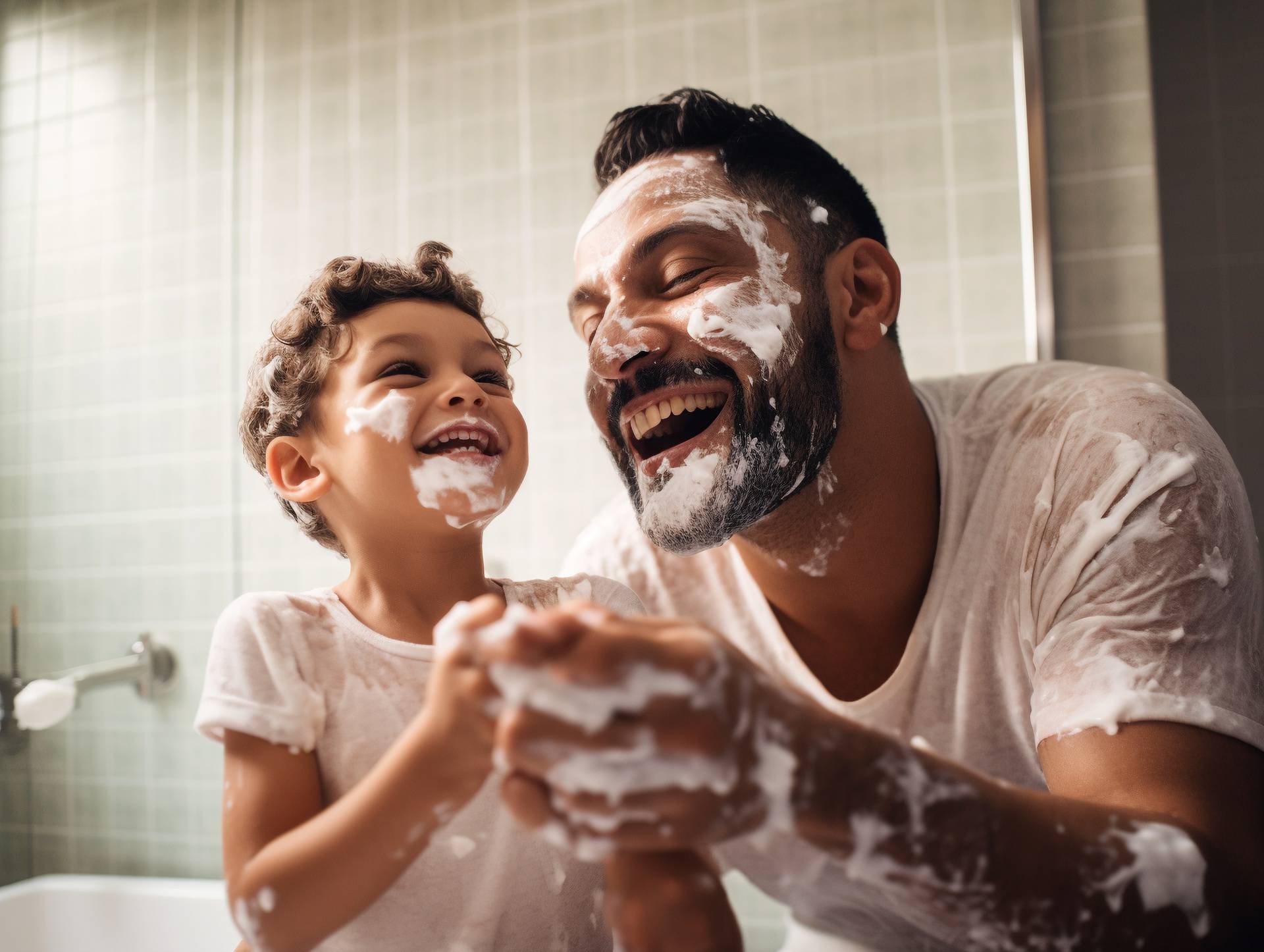 Father and son in the bathroom having fun and shaving, foam on their faces, generative ai