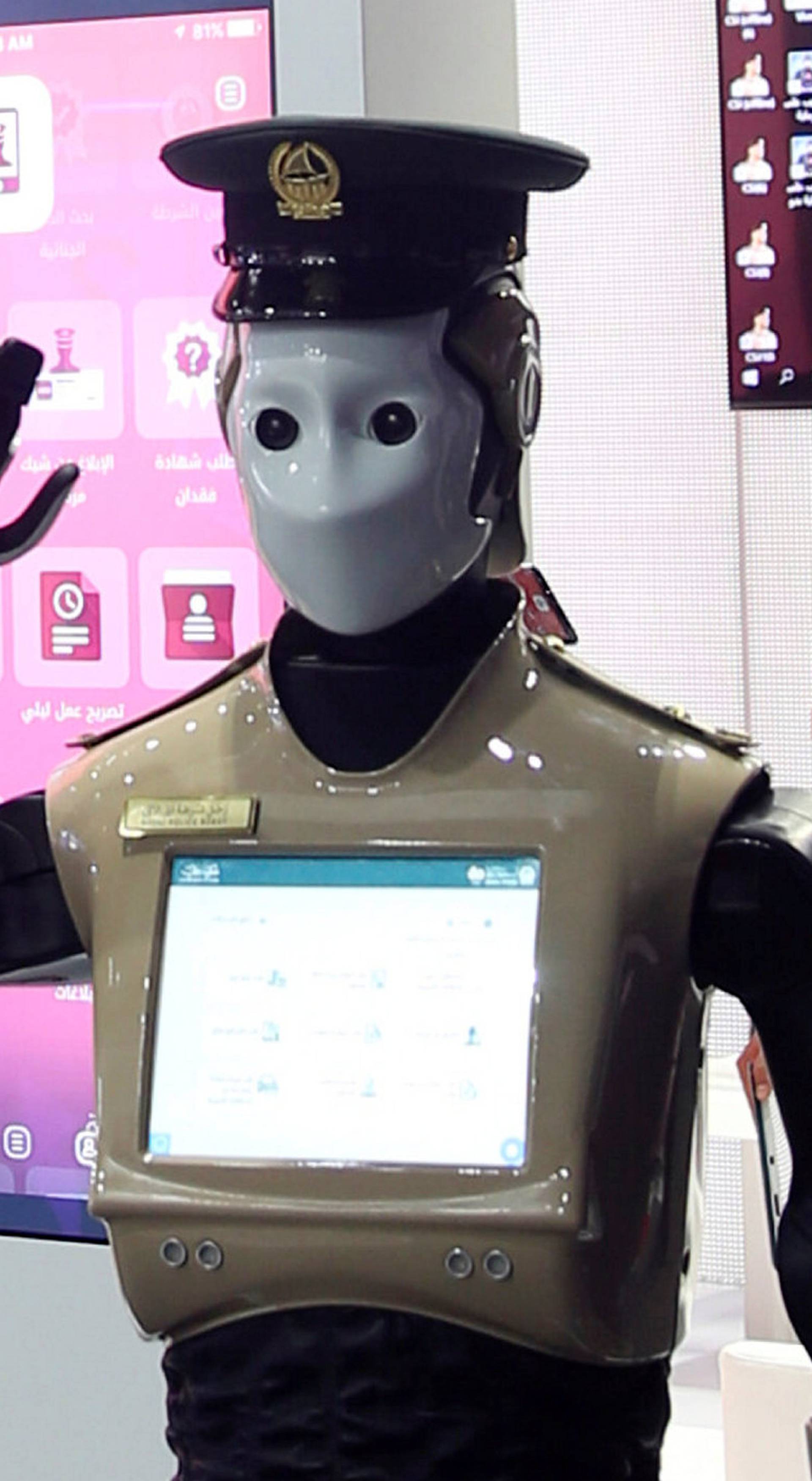 Operational robot policeman is seen at the opening of the 4th Gulf Information Security Expo and Conference (GISEC) in Dubai