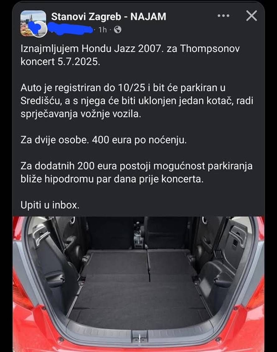 URNEBESNO! Renta gepek auta za Thompsonov koncert! 'Noć je 400 eura. Maknuo sam i kotač'