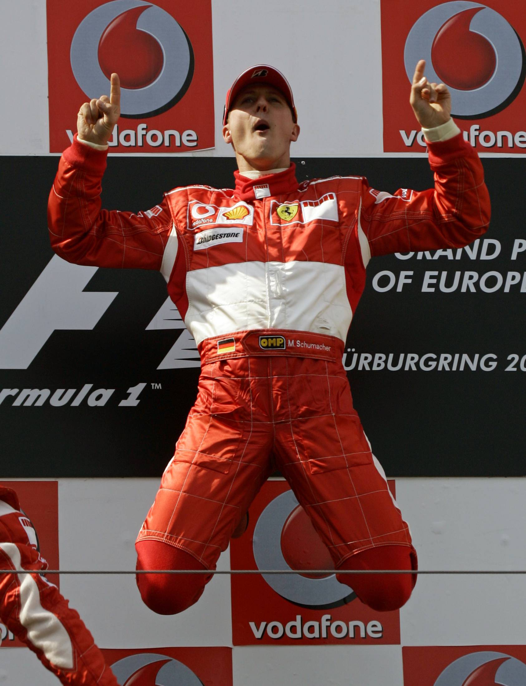 FILE PHOTO: Ferrari driver Michael Schumacher celebrates winning the European Grand Prix at the Nuerburgring racing circuit in Germany.