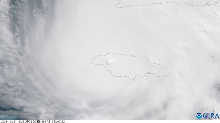 A satellite view shows Hurricane Melissa crossing Jamaica after making landfall