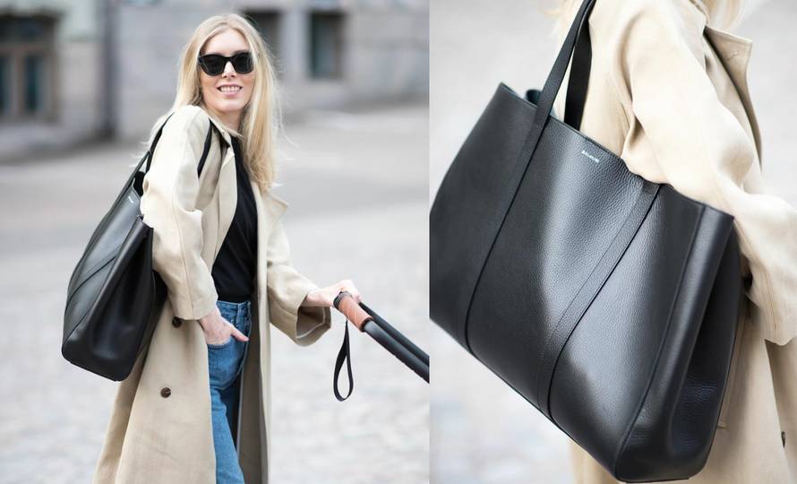 Bež baloner i ogromna crna torba za mladu stylish mamu