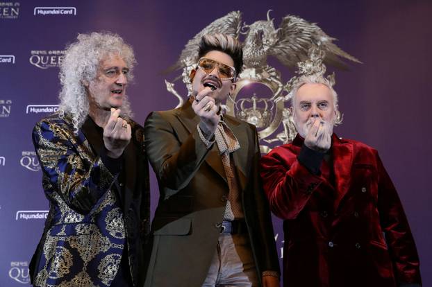 Brian May, Adam Lambert and Roger Taylor of Queen attend the news conference ahead of the Rhapsody Tour at Conrad Hotel in Seoul, South Korea