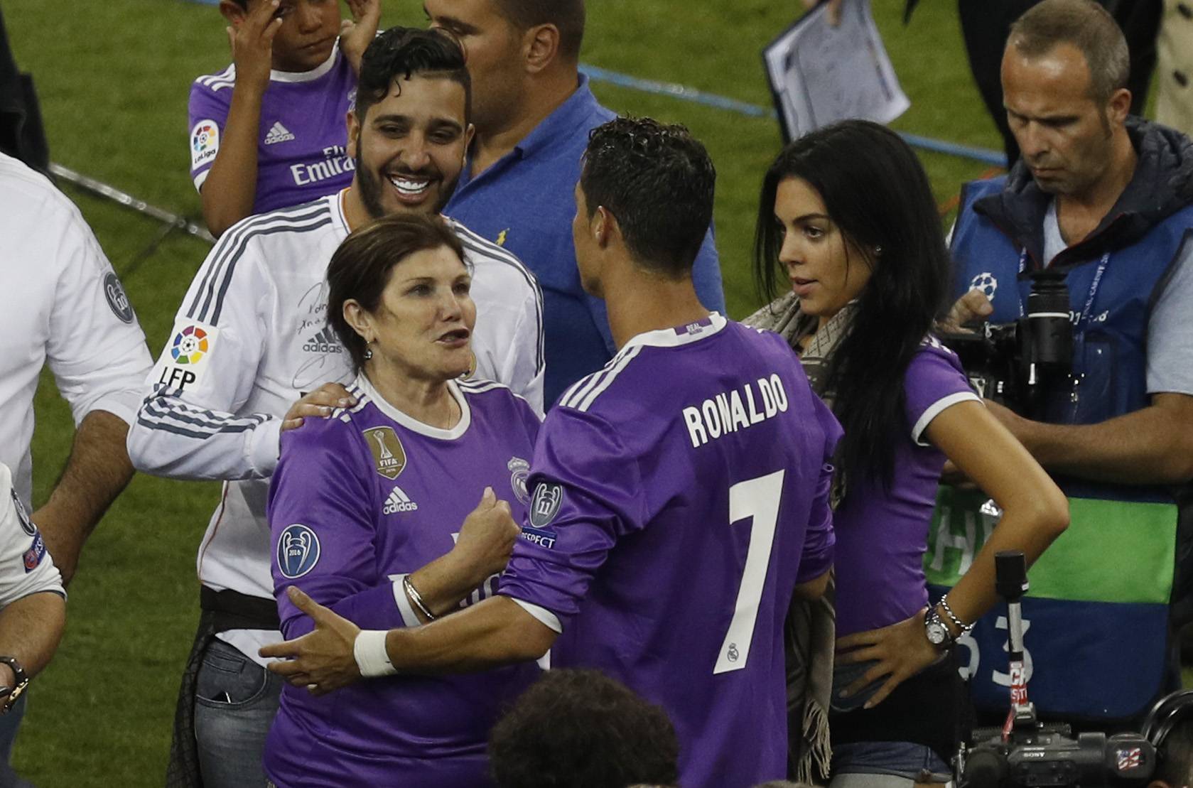 Real Madrid's Cristiano Ronaldo celebrates his mum Dolores Aveiro and partner Georgina Rodriguez after winning the UEFA Champions League Final