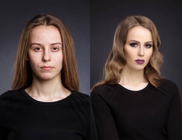 Comparison,Portraits,Without,And,With,Make-up,And,Retouch